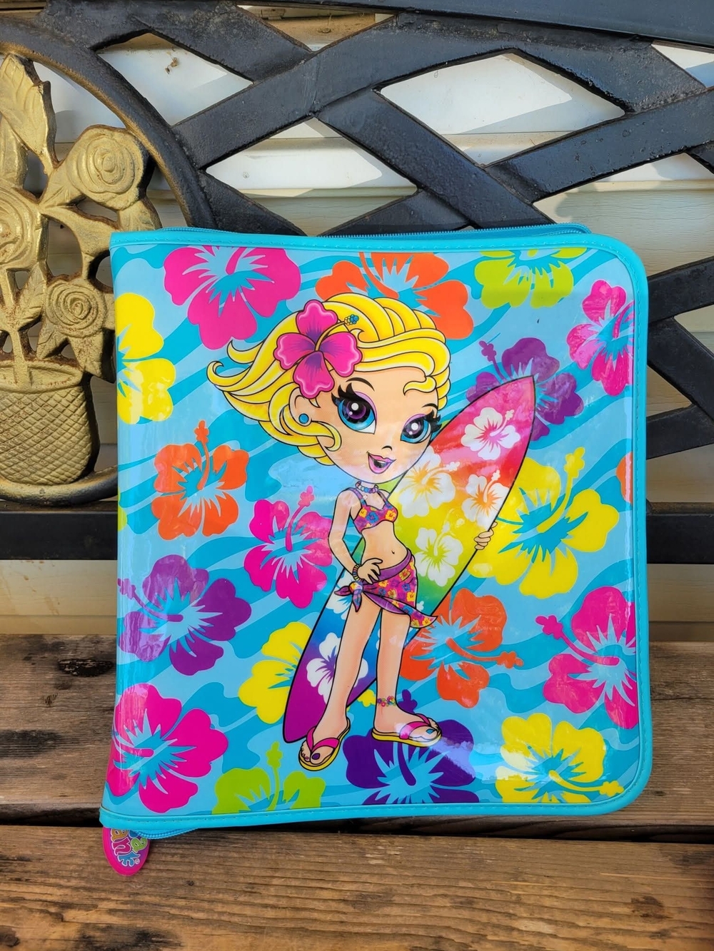 Vintage LISA FRANK VGUC COLORFUL 3 ring paper binder SURFER GIRL HIBISCOUS FLOWE